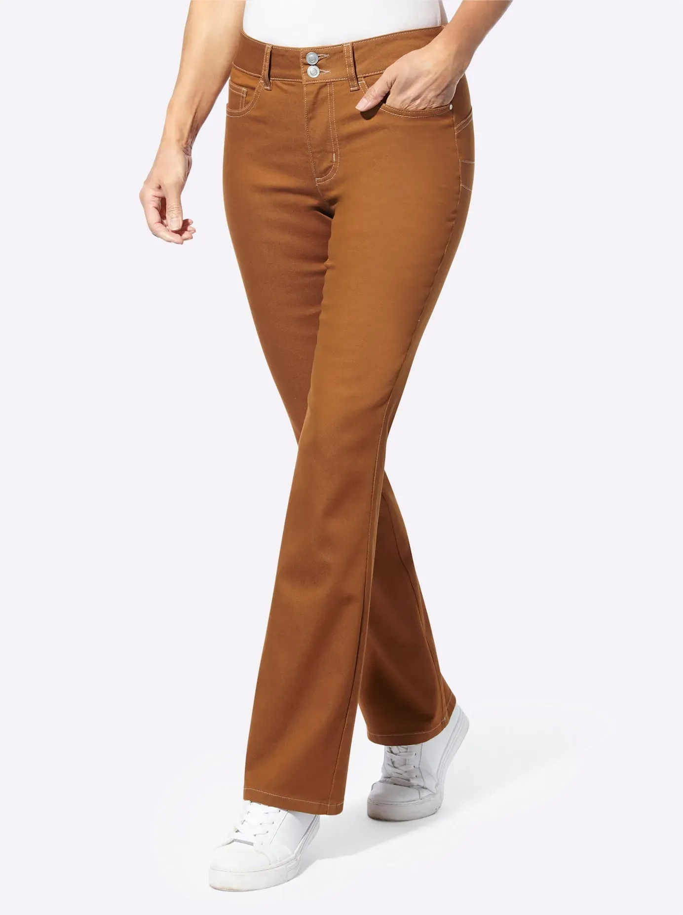 Bootcut-Jeans CLASSIC BASICS, Damen, Gr. 50, Normalgrößen, braun (cognac, denim), 81% Baumwolle, 17% Polyester, 2% Elasthan, unifarben, lang, Jeans