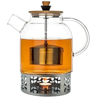 Naturic Teekanne aus Glas mit Sieb und Stövchen - 1,6 l - Teekanne mit Hebe- und Senkfunktion - Deckel und Edelstahl Sieb abnehmbar