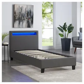CARO-Möbel Polsterbett Mandalay 90 x 200 cm grau - mit LED Beleuchtung Einzelbett Kunstlederbett mit Lattenrahmen