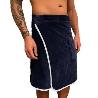 HOMELEVEL Sauna Kilt für Herren mit Sicherheitsklettverschluss und Tasche aus 100% Baumwolle Saunakilt Sarong, Herren Dunkelblau/Weiß, S-XXL - ca. 140 cm (Umfang) x 55 cm (Länge)