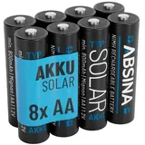 ABSINA 8X Solar Akku AA wiederaufladbar 800mAh 1.2V NiMH - Mignon AA Solar Batterien für Solarleuchten - Solarakkus AA mit geriner Selbstentladung - Akku Solar Batterie, Akkus für Solarlampen