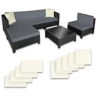 tectake Gartenmöbel Set, Lounge aus Poly Rattan und Aluminium, Balkon Möbel Set mit 10 cm Polsterung und Kissen, ideal für Garten und Balkon, inkl. 2 Sessel, 2 Ecksessel, 1 Tisch, 1 Hocker - schwarz