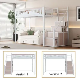 XDOVET Metall-Hochbett,Metall-Sicherheitszaun mit Metallkugel,Fensterdesign,Kletterleiter von links nach rechts austauschbar,Sicherheitsleiter mit Spinden