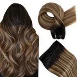 Hetto Tressen Extensions Echthaar Braun Echthaar Tressen Extensions Remy Tressen Haarverlängerung Extensions Schwarz Braun Balayage Karamellblond #1b/6/27 35cm 100g