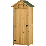 Outsunny Gartenschrank Holz, Geräteschuppen Wetterfest 77x54,2x179cm, Gerätehaus Mit Tür, Satteldach, Geräteschrank Mit Böden, Werkzeugschrank Gartenschuppen Für Garten, Terrasse, Gelb+grün