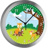 CreaDesign Kinder Funkwanduhr mit (Wunsch) Namen | Kinderzimmer Funkuhr| mit Analog ? Ziffernblatt | geräuscharm | Wanduhr Kind | Motiv Waldtiere