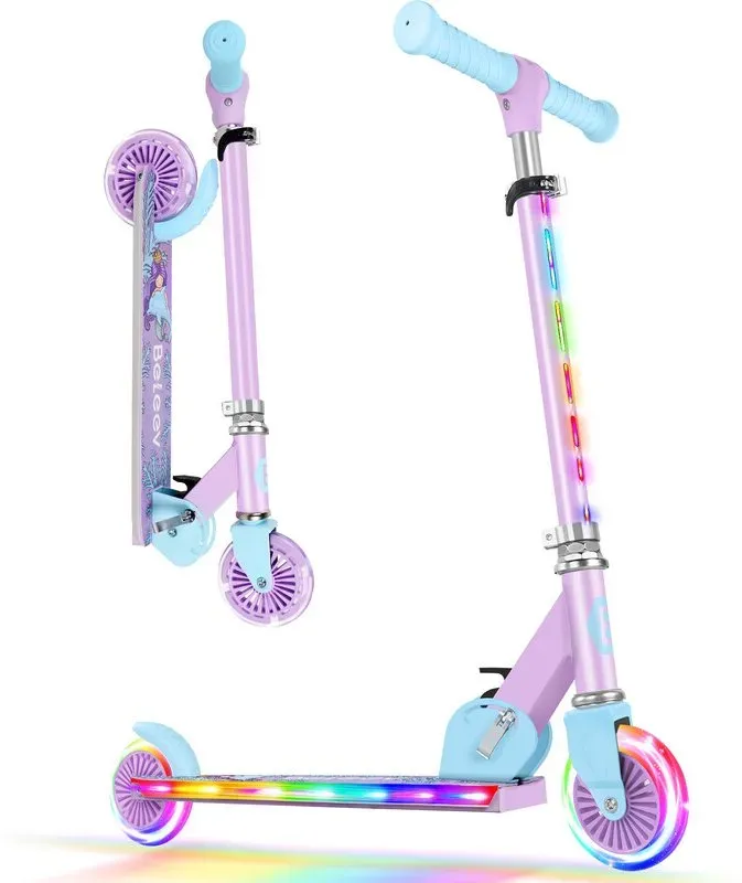 Beleev V2-Pure Violett, Kinderroller, Upgrade mit leuchtenden LED-Rädern, Lenker und Deckplatte, Höhenverstellbar, Radbremse, klappbar, für Kinder 4 Jahre, Mädchen und Jungen, 3–12 Jahre