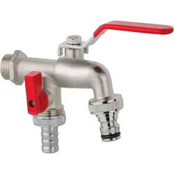 Doppel-Kugelauslaufhahn 1/2", Doppel-Kugelauslaufhahn 3/4"; Wasserhahn - Auslaufhahn mit 2 Abgängen (Doppel-Kugelauslaufhahn: Doppel-Kugelauslaufhahn DN15 3/4" Zoll)
