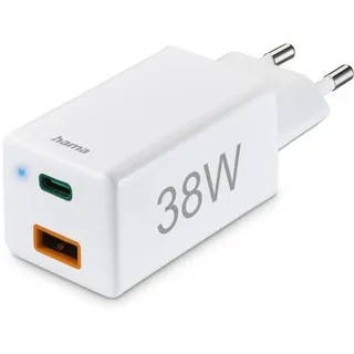 Hama Schnellladegerät USB C und USB A (2 Port Universal Ladestecker für Smartphone iPhone, Samsung u. Tablet, Mehrfach Ladeadapter 38 Watt mit Power Delivery und Qualcomm Quick Charge, Mini Charger 38W USB-C