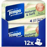Tempo natural & soft Taschentücher Box - Megapack - 12 Boxen, 90 Tücher pro Box - natürliche, extra weiche Papiertaschentücher, waschmaschinenfest