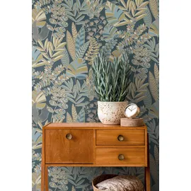 A.S. Création Tapete Floral", Blau grün Gelb Antigua 390955 - Pflanzen Tapete mit Blättern Retro Tapeten Wohnzimmer modern Flur Büro