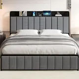 VECELO Bettrahmen 140 x 200cm mit Ladestation und Stauraum, Polsterbett Doppelbett Metallbett mit Kopfteil und Lattenrost für Schlafzimmer Gästezimmer, Grau