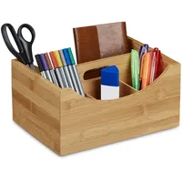 Relaxdays Schreibtischorganizer Bambus, Stifteköcher, 4 Fächer, Griff, natürliche Maserung,