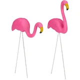 Relaxdays Flamingo Figur 2er Set, niedliche Gartendeko, tropisches Flair, Kunststoff, Metall, Dekofigur 2 Größen, pink