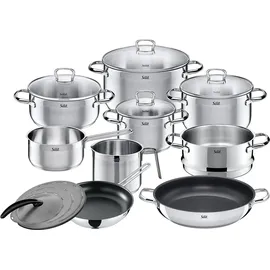 Silit Toskana Topf-Set 9-tlg. 3 x Fleischtopf + Bratentopf + Stielkasserolle + Milchtopf + Bratpfanne + Servierpfanne + Spritzschutzdeckel + Dämpfererinsatz