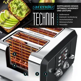 Arendo - Automatik Toaster 4 Scheiben in Edelstahl - bis zu vier Sandwich und Toast-Scheiben - Bräunungsgrad 1-6 - Aufwärm- und Auftaufunktion