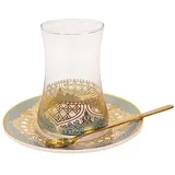 KAYLRE Glas Türkische Tee Gläser Cups Set Saucer mit Löffel Kaffeetasse Romantische exotische Teetasse Blaue Gold Küche Dekoration Trinken Teekanne Glas