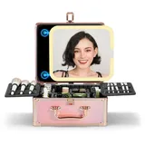 OMIRO Make Up Box mit Beleuchtetem Spiegel, Kosmetikkoffer mit Abnehmbarem Magnetspiegel (Funkelndes Farbverlauf Rosa)