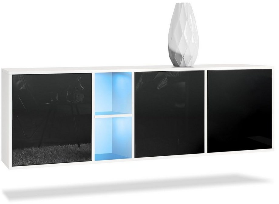 Vladon Sideboard Cuba (Kommode, mit 3 Türen und 2 offene Fächer), Weiß matt/Schwarz Hochglanz inkl. LED-Beleuchtung (182 x 53 x 35 cm) schwarz