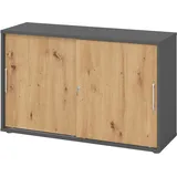 bümö Schiebetürenschrank 2OH - Aktenschrank abschließbar, Sideboard Schrank mit Schiebetüren in Graphit/Asteiche, Relinggriff - Büroschrank aus Holz