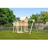 Karibu Spielhaus Frieda mit Doppelschaukelanbau und Kletterwand naturbelassen