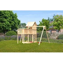 Karibu Spielhaus Frieda mit Doppelschaukelanbau und Kletterwand naturbelassen
