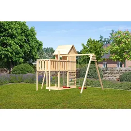 Karibu Spielhaus Frieda mit Doppelschaukelanbau und Kletterwand naturbelassen