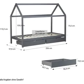 Homestyle4u Hausbett 90 x 200 cm Kiefer grau lackiert