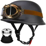 Deutsche Motorrad Jethelm ECE-Zertifizierung, Vintage Halbhelme Halbschalenhelm mit Schutzbrille Chopper Helm für Cruiser Street Scooter mit Schnellverschlussschnallen 22.4-25.2in