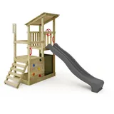 FATMOOSE Spielturm Klettergerüst FruityForest mit Rutsche, Kletterturm mit Sandkasten, Leiter & Spiel-Zubehör – anthrazit / olivgrün - Grau