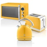 SWAN STRP2070YELNEU Retro Set Frühstück, Wasserkocher 1,8 L, 2 Breitschlitz-Toaster, Mikrowelle 20 L, Gelb, 850W