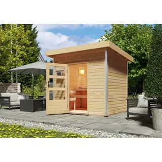 Karibu Gartensauna Pultdach Saunahaus Norge-9 kW Ofen inkl. Steuergerät-Moderne Saunatür (Klarglas) inkl. 8-teiligem gratis Zubehörpaket (Gesamtwert 191,92€)