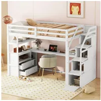 FUROKOY Hochbett Kinderbett Etagenbett mit Schreibtisch, Schrank, 90x200cm Pine Jugendbett Stauraum Leiter, zwei Schubladen, weiß