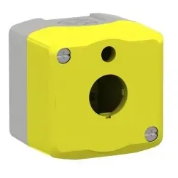 Schneider Electric XALKW01 Leergehäuse, Harmony XALK, Kunststoff, hellgrau, gelb, 1 Bohrung, 22mm, für beleuchteten Not-Aus und -Schild