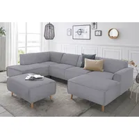 Wohnlandschaft ANDAS "Janek U-Form" Sofas Gr. B/H/T: 324cm x 81cm x 191cm, Struktur weich, Ottomane links, ohne Funktion, grau mit Federkern und Keder in scandinavischem Design