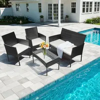 Peviasot 4-teiliges Polyrattan-Gartenmöbel-Set mit 2 Sesseln, Sofa, Glastisch und Kissen, Schwarz - Schwarz