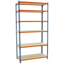 simonclick Simonrack Leichte Metall Holz Regal Blau Orange 2500x1200x500 mm, 6 Ebenen, Holzböden, 200 kg Tragkraft pro Ebene, Blau/Orange - Maderclick