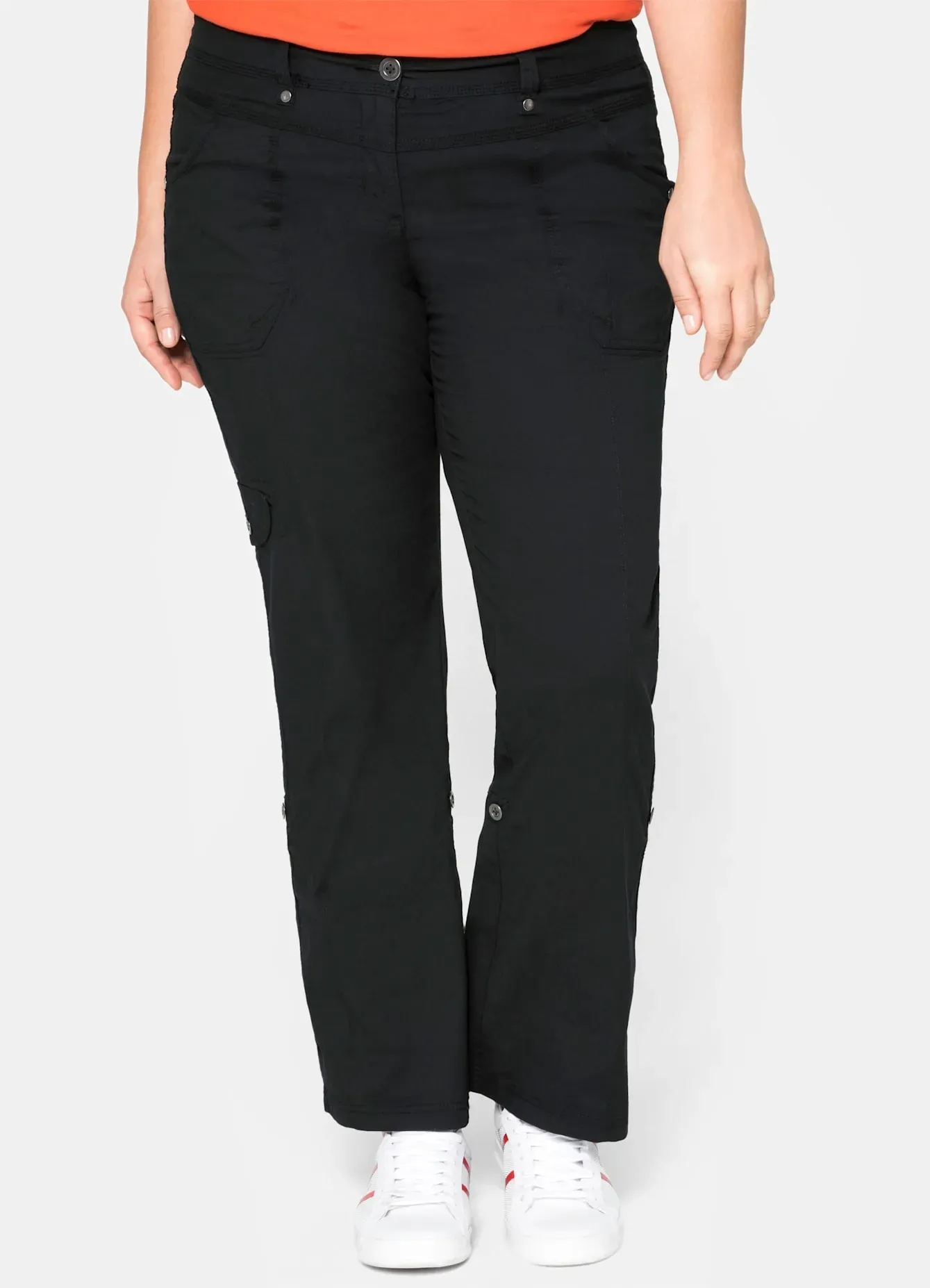 Cargohose SHEEGO, Damen, Gr. 48, Normalgrößen, schwarz, 97% Baumwolle, 3% Elasthan, unifarben, Hosen Cargohose