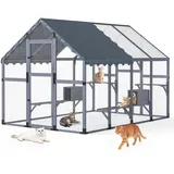 Catio Outdoor Katzengehege Katzen Großer Katzenauslauf 276 x180 x 188cm Kitty Haus Katzenhaus mit Brücken, Spaziergänge, Kleine Häuser, Dachabdeckung, Grau
