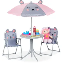 Relaxdays Camping Kindersitzgruppe, Maus Motiv, Kindersitzgarnitur mit Sonnenschirm, Klappstühlen & Tisch, Garten, grau