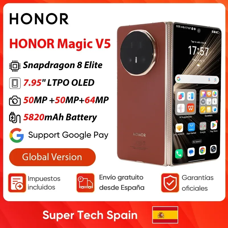 Honor Magic V5 Globale Version Original 5g Smartphone Dual HDR Oled Display Snapdragon 8 Elite 5820 mAh 7,95