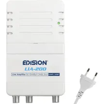 Edision LIA-200 Hausanschlussverstärker UHF/VHF, 12-24db, 104dBmV, Frequenzbereich 47-694Mhz, geeignet für Kabelfernsehen digital und Terrestrisch DVB-T/T2, 5G LTE Filter, 1 Eingang, 2 Ausgänge