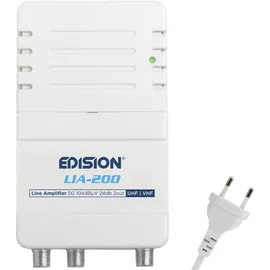 Edision LIA-200 Hausanschlussverstärker UHF/VHF, 12-24db, 104dBmV, Frequenzbereich 47-694Mhz, geeignet für Kabelfernsehen digital und Terrestrisch DVB-T/T2, 5G LTE Filter, 1 Eingang, 2 Ausgänge