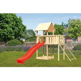 Woodfeeling Karibu Spielturm Lotti mit Anbauplattform Netzrampe Rutsche Rot