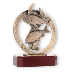 Pokal Zamakfigur Fische im Kranz altgold auf mahagonifarbenen Holzsockel 19,5cm