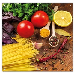 Sonnenschutz Italienisches Menü mit Spaghetti, Tomaten, Basilikum und Gewürzen, Wallario, blickdicht, mit Saugnäpfen, wiederablösbar und wiederverwendbar gelb
