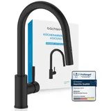 Bächlein Küchenarmatur Kocuso – 360 Grad schwenkbar (matt schwarz) – Einhand-Spültischbatterie aus Edelstahl mit ausziehbarem Schlauch und Brause mit Umschalt-Taste, Wasserhahn für die Küche