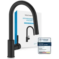 Bächlein Küchenarmatur Kocuso – 360 Grad schwenkbar (matt schwarz) – Einhand-Spültischbatterie aus Edelstahl mit ausziehbarem Schlauch und Brause mit Umschalt-Taste, Wasserhahn für die Küche