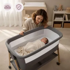 Moby-System Babybett freistehend & faltbar mit Matratze und Rollen – Moby-System Mili grau, 0–6 Monate,