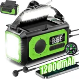 12000 Mah Solar-kurbelradio, Tragbares Am/fm-radio Mit Telefonladegerät, 2 Solarpanels, Sos-alarm, Taschenlampe Für Camping, Outdoor, Notfall – Grün